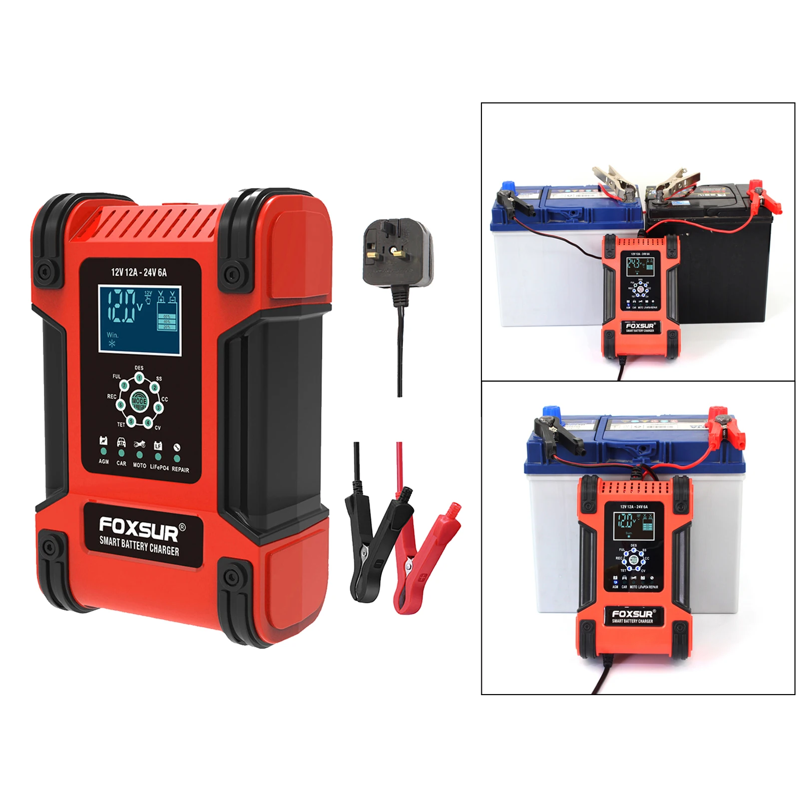 

Car Battery Charger 12V 12A 24V 6A 100-240V Repair Fast Power Automatic Charging with Cable Clamps LCD Display UK Plug