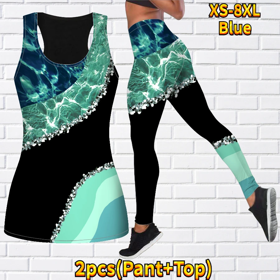 Women\'s Fashion 3D Marble Print Tank Top and Leggings Summer Sleeveless Slim Tank Yoga Set XS-8XL