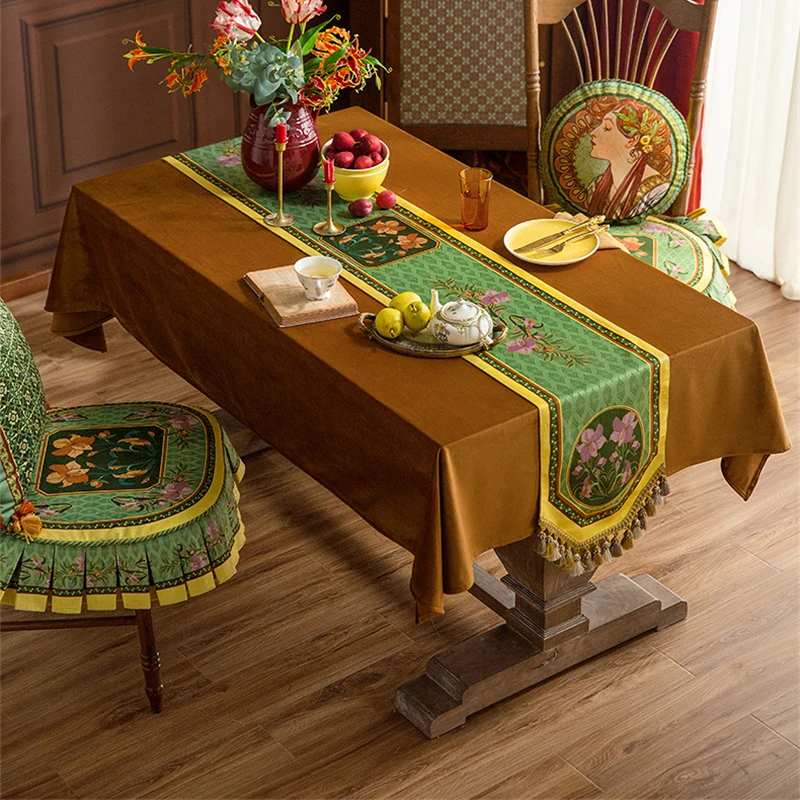 Green Retro Table Runner European Elegant Flower Bed Flag Coffee Table Cabinet Tablecloth Diningtable Long Decorative Cloth