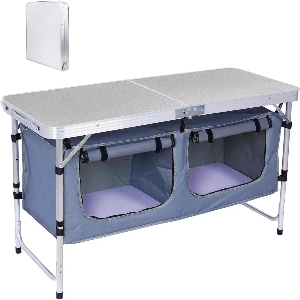 

Регулируемый по высоте складной походный стол с местом для хранения для использования на природе, на пляже, для барбекю, пикника, приготовления пищи, а также в помещении