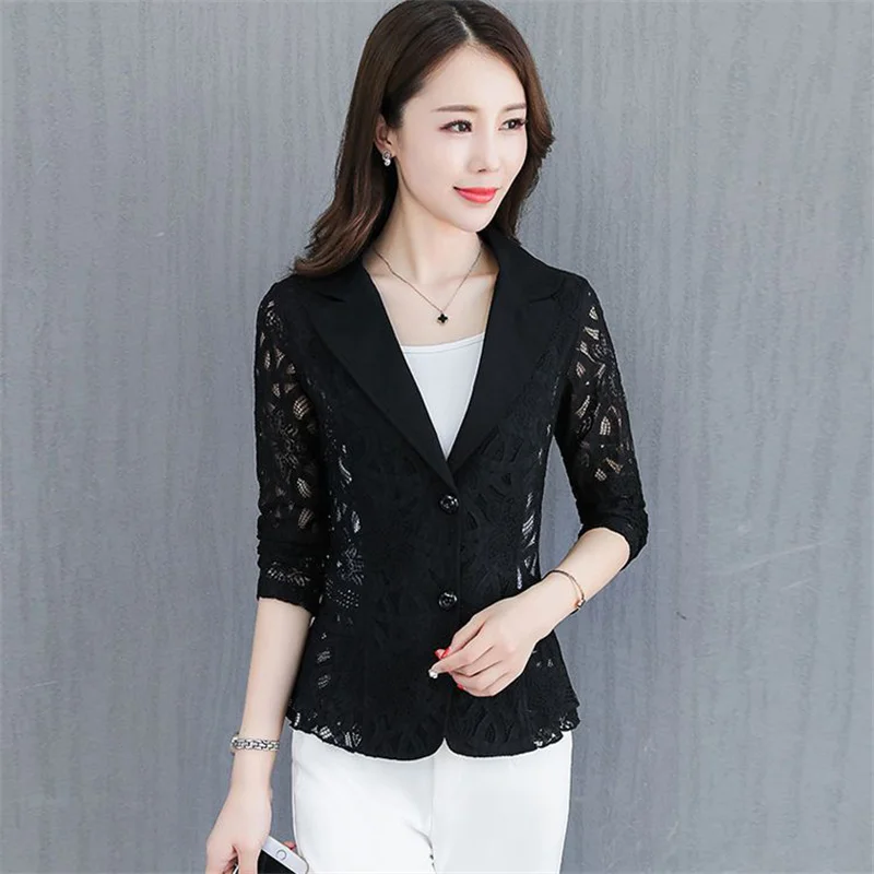 Summer Casual Blazer Jacket 2024 New Single-Breasted Suit Collar Women's Clothes Coat Solid Colour Fashion Lace Outeawer Female