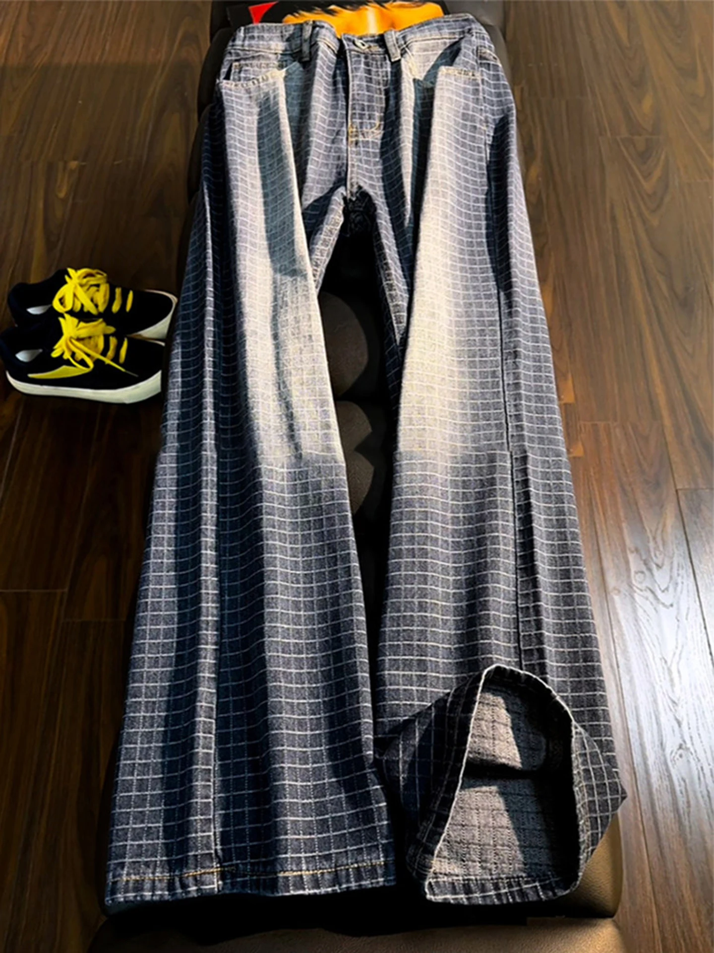 

Мужские джинсы American High Street синие, вареные, в клетку, осенне-зимние, премиум-класса, прямые, свободные, расклешенные, с эффектом потертости