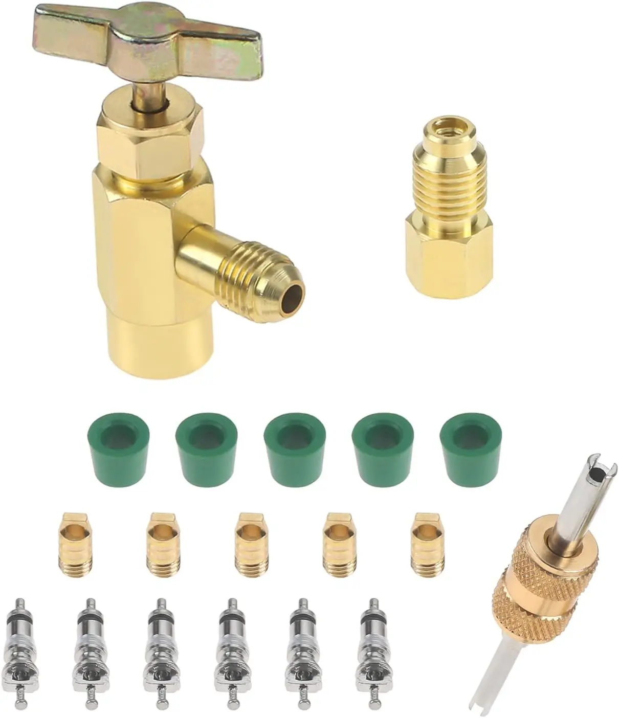 Kit adaptador de grifo de lata de latón macho de 7/16 "hembra a 1/4" para usar latas de refrigerante compatibles con carga vertical autosellante y K-28