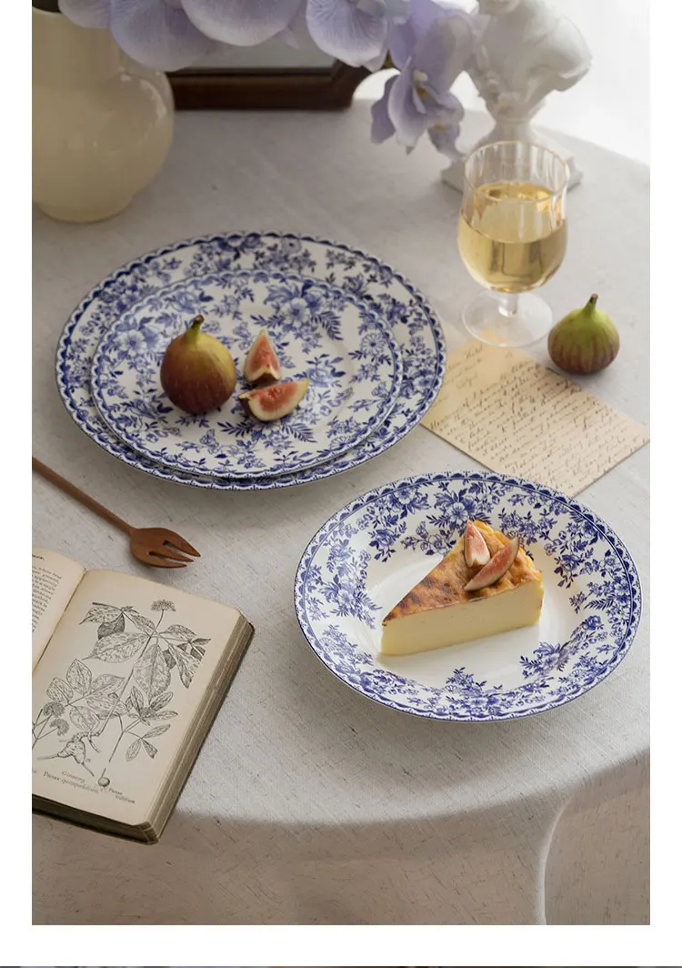 European Style Vintage Blue and White Ceramic Dessert Plate Pasta Dinner Plates Salad Cake Dish Home Cafe Romantic Art Tableware