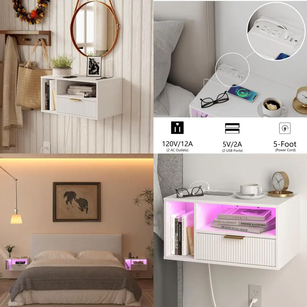 Mesa de cabeceira branca moderna com carregamento embutido e iluminação LED