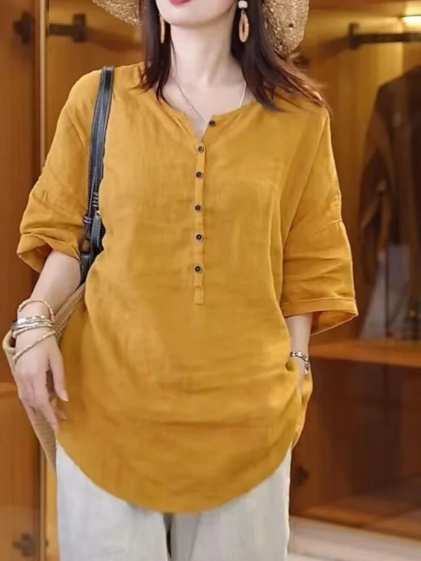 

Retro Artistic Casual Linen irt Women's Summer New Large Size Loose Versatile Mid-Length Casual Top