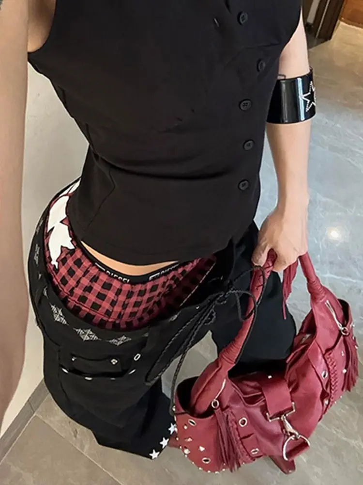Stacked Contrasting Double Waist Splicing Jeans Women Retro Drawstring Fashionable Y2K Printing High Street Casual Denim Trouser