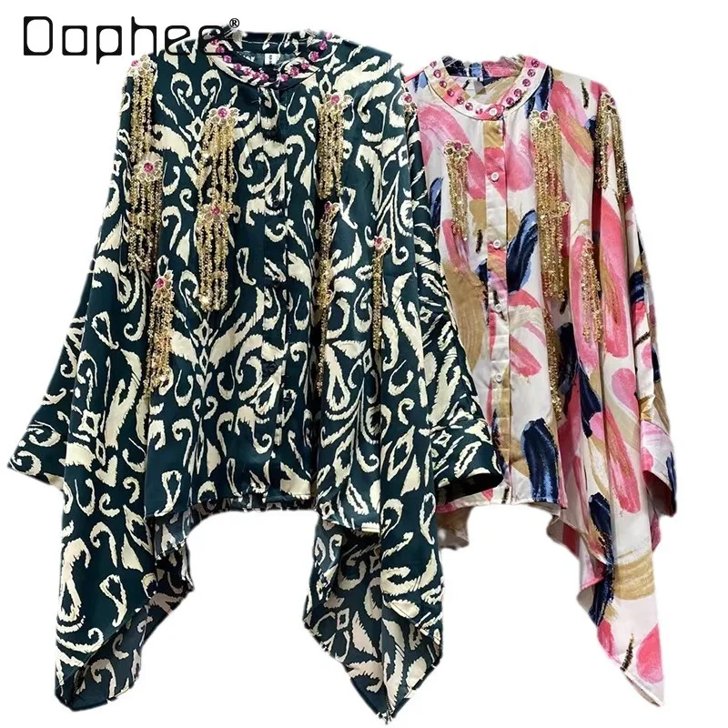 

Round Neck Bead Oversized Printed Shirt for Women 2024 Summer Loose Single-Breasted 3D Flower Tassels Irregular Shirt Fashion