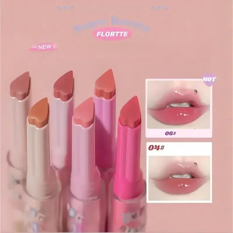 Marca FLORTTE, bálsamo labial con forma de amor, lápiz labial, espejo, agua, luz, esmalte de labios, maquillaje hidratante para mujeres, Cosméticos de belleza raras