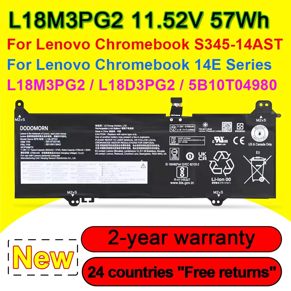 L18M3PG2 For Lenovo Chromebook S345-14AST 14E Series L18D3PG2 L18L3PG2 5B10T04979 5B10T04980 Laptop Battery 4922mAh 11.52V 57Wh