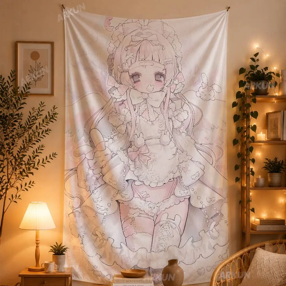 Sweet Lolita Anime Girl Tapestry Pastel Pink White Angel Wings Bunny Character Wall Hanging Soft Kawaii Aesthetic Bedroom Decor