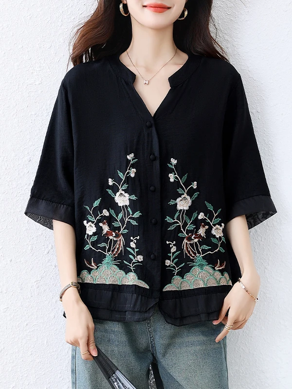 

New Chinese Sle Lightweight Embroidered Floral Snowflake ort Sve irt Women Summer plus Size Midi Sve Seven Sve...