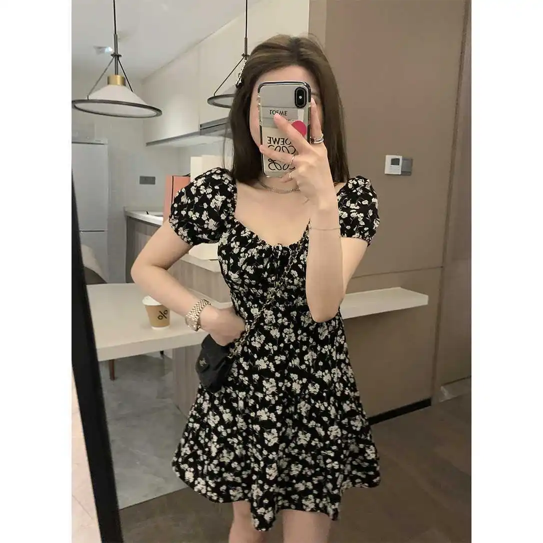 

2024 Summer New Women's Dress Square Neck Fragmented Flower Casual High Waist A-line Skirt