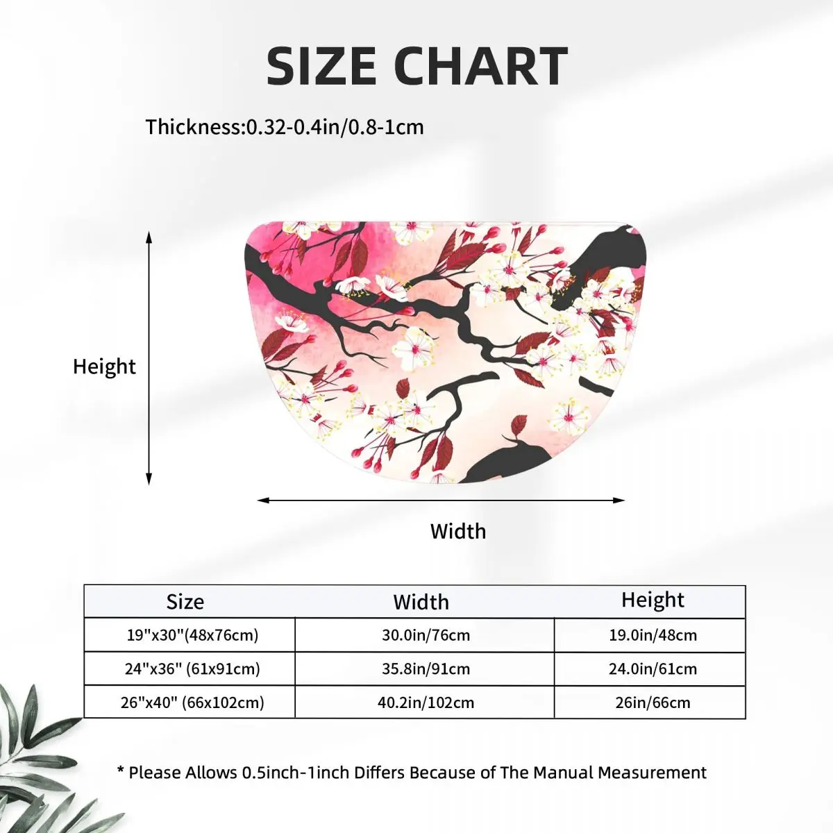 Blooming Sakura Branch Cherry Blossom Japanese Flower Half Round Doormat Non Slip Bathroom Mat Absorbent Floor Carpet for Garage