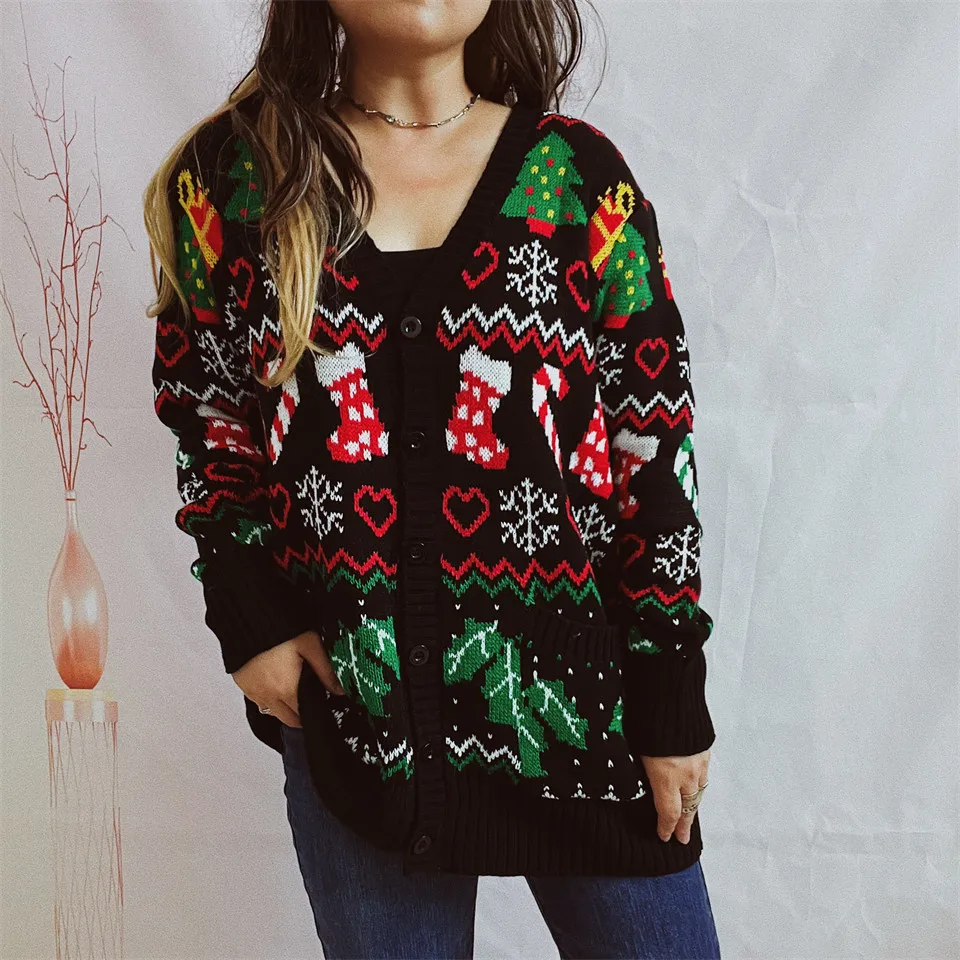 2024 New Christmas Women's New Year Warm Loose Sweater Single Breasted V-Neck Christmas Themed Knitted Sweater Cardigan