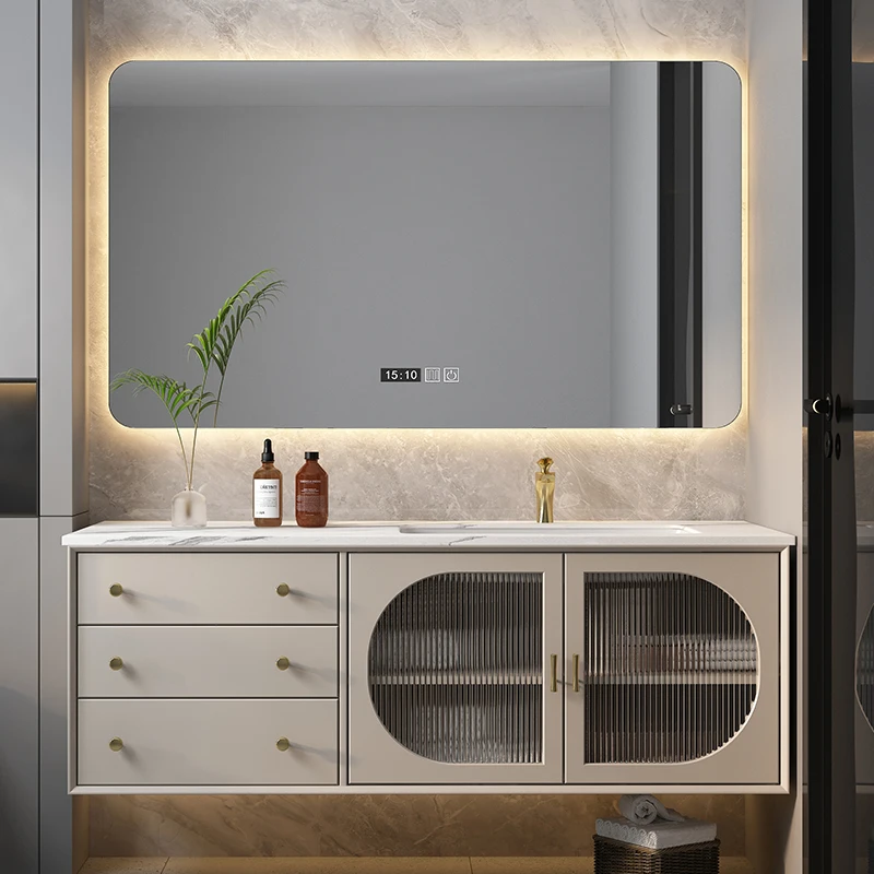 American style light luxury bathroom cabinet, hanging cabinet, rock slab solid wood bathroom cabinet, mirror cabinet, modern