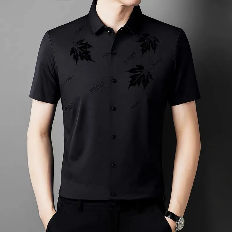 Business Fashion Smart Casual High-end Men Short Sleeved Shirt Summer Thin Lapel Patchwork Button Solid Printed Thin Top 2024