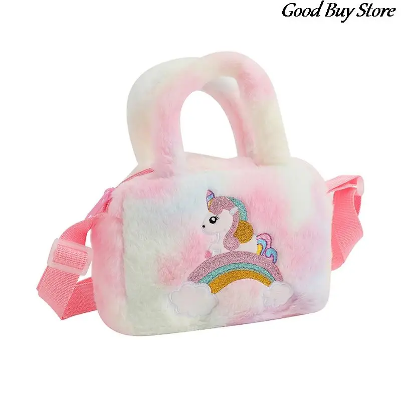 Rainbow Unicorn Plush Shoulder Purse Cartoon Handbags Girls Suede Crossbody Bags Cute Mini Storage Bag Children Kids Fur Totes