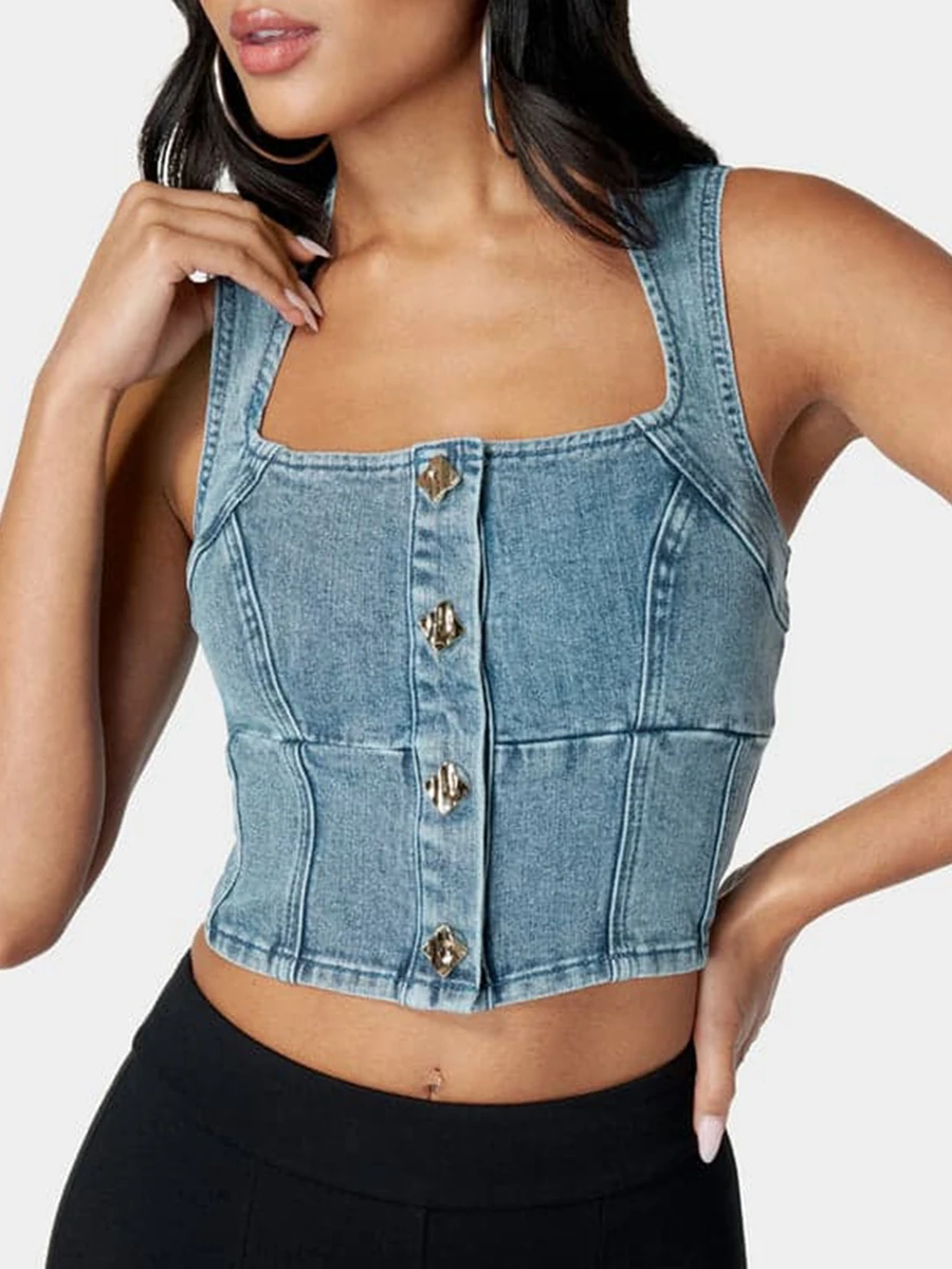 Camiseta sin mangas de mezclilla para mujer, chaleco sin mangas con cuello cuadrado y cierre de botones, ropa de discoteca de verano sólida