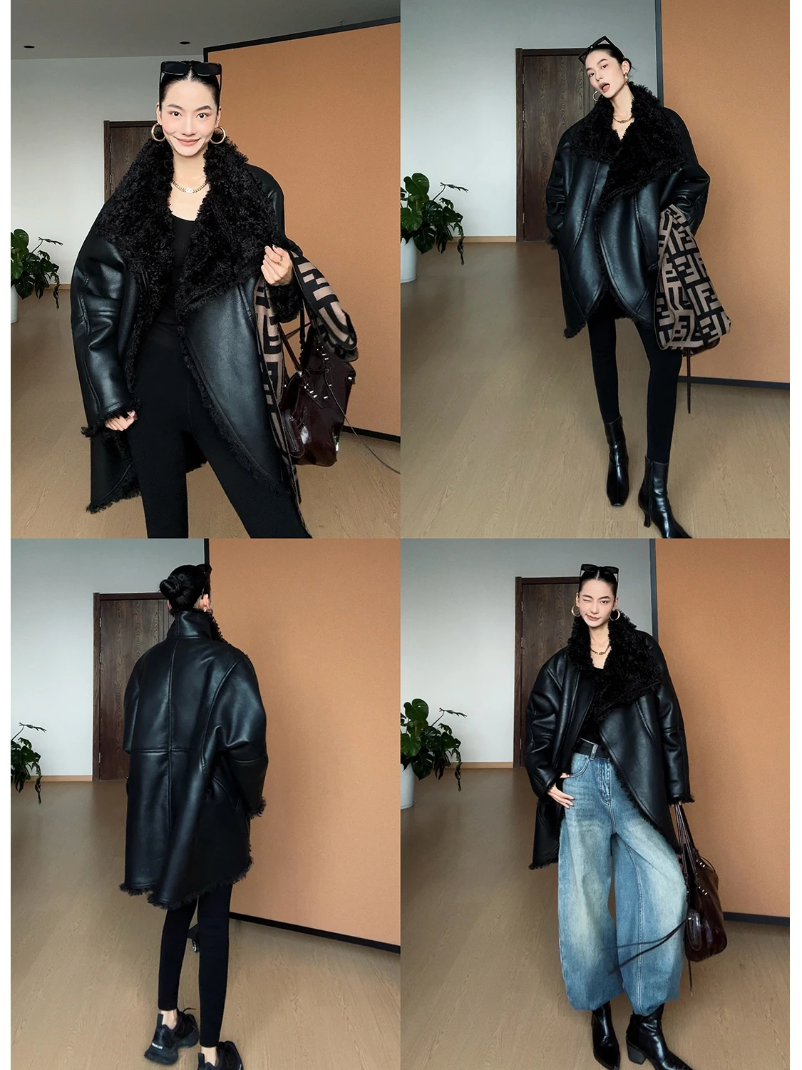 

CIZZLEMORE Tokyo Double-Sided Wear Thiened Floing Inteated Fur Leather Jaet Casual Sle Long Sve Zipper