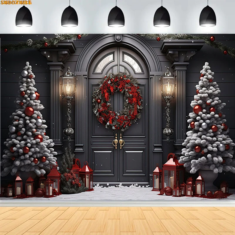 

Christmas Day Wreath Family New Year Party Photography Backdrops Prop Window Living Room Xmas Tree Gift Snow Background BV-29