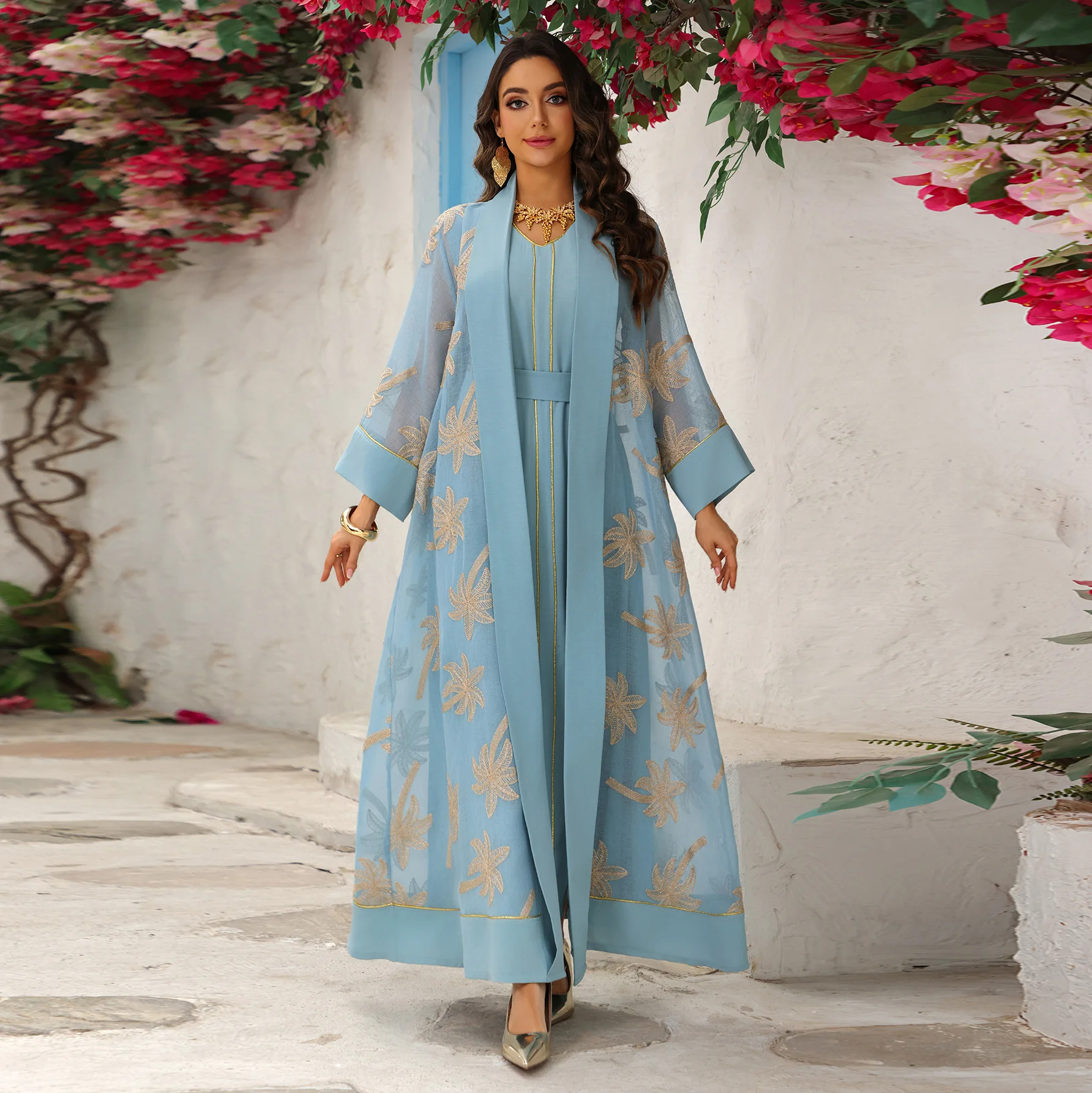 Dubai Kimono aperto Abaya con abito interno 2 pezzi Set donna cardigan ricamato musulmano abito lungo Marocco Dubai caftano tessuto islamico