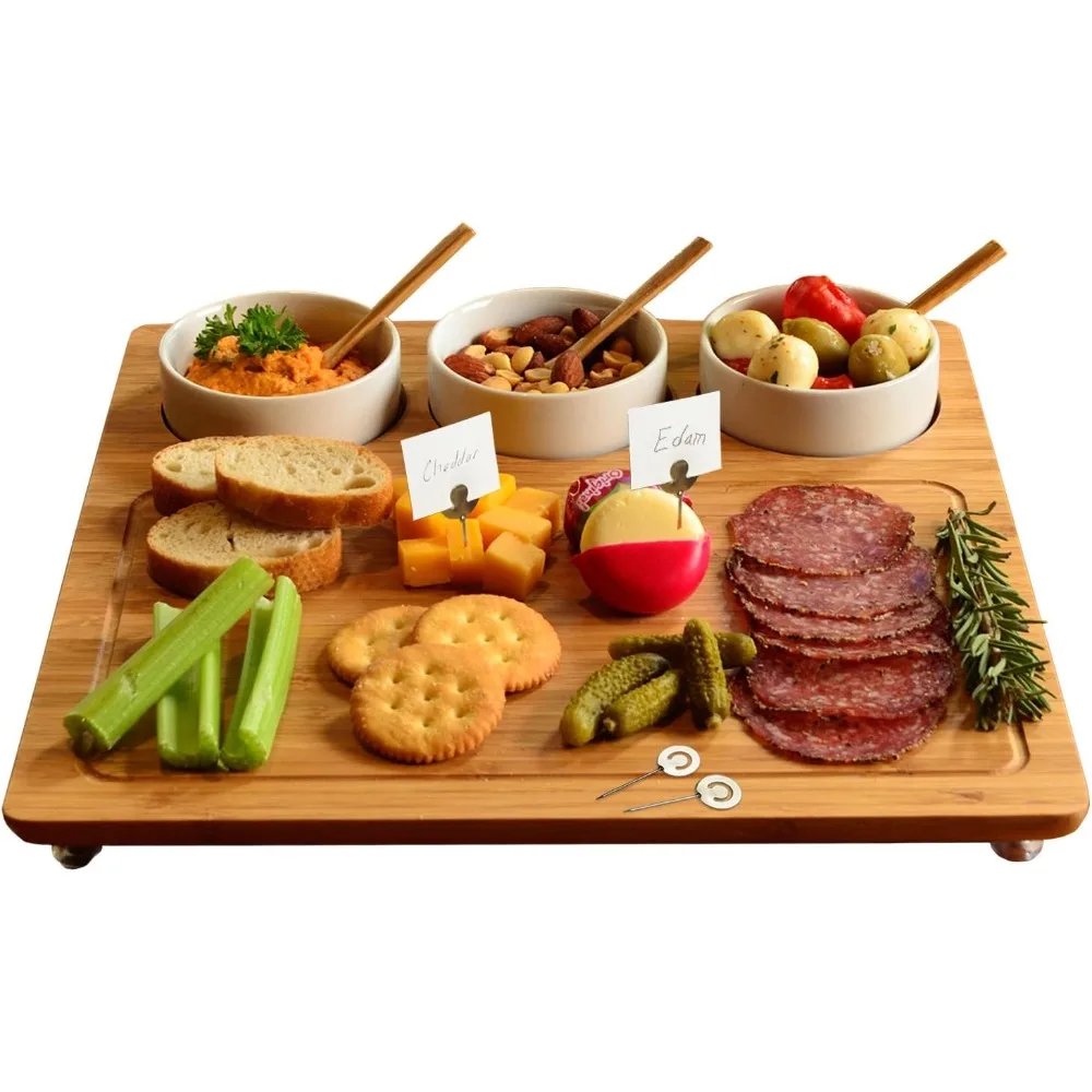 

Picnic at Ascot Bamboo Cheese Board/Charcuterie Platter - Includes 3 Ceramic Bowls with Bamboo Spoons & Cheese Markers -13"x 13"