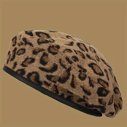 Leopard Print Artist Hat Windproof and Warm Brimless Cap with Adjustable Rope Autumn Retro Beret Winter Casual Fashion Felt Hat