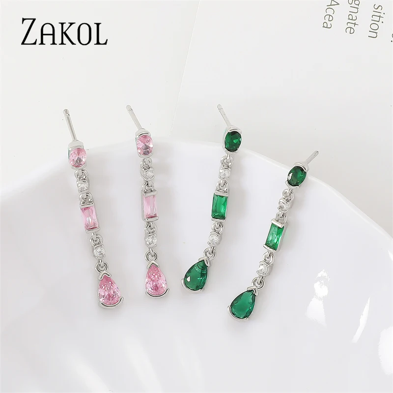 ZAKOL Fashion Green Water Drop Long Dangle Earring for Women Pink Cubic Zirconia Bridal Earrings Wedding Party Jewelry