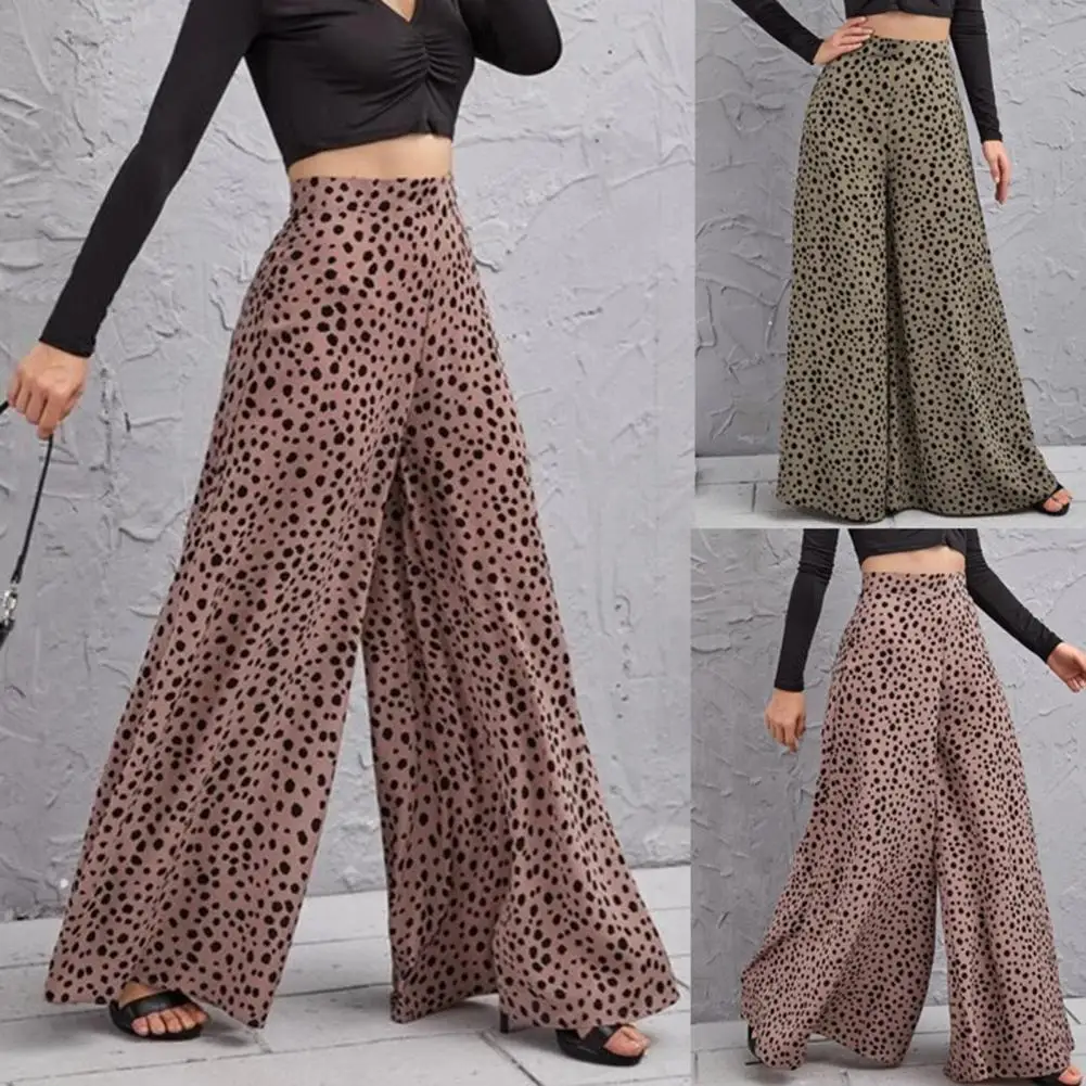 

Women Pants Elegant Leopard Print Polyester High Waist Wide Leg Spring Summer Trousers for Daily Wear