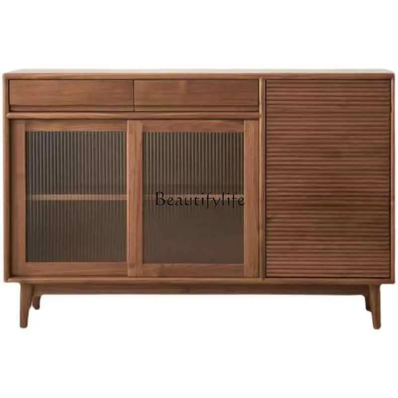 

*Black walnut dining side cabinet Nordic all solid wood living room storage glass short cabinet