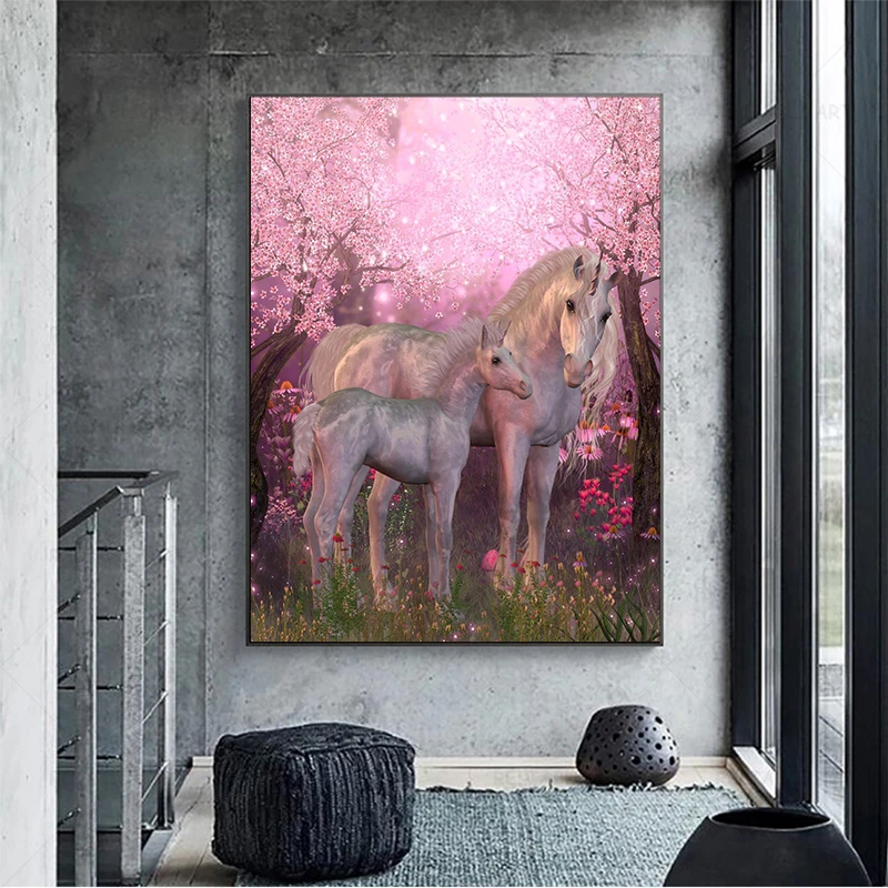 Pink Flower Tree Wonderland Unicorn Myth Animal Posters and Prints Wall Art Horse Pictures Living Room Decoration Forest Cuadros