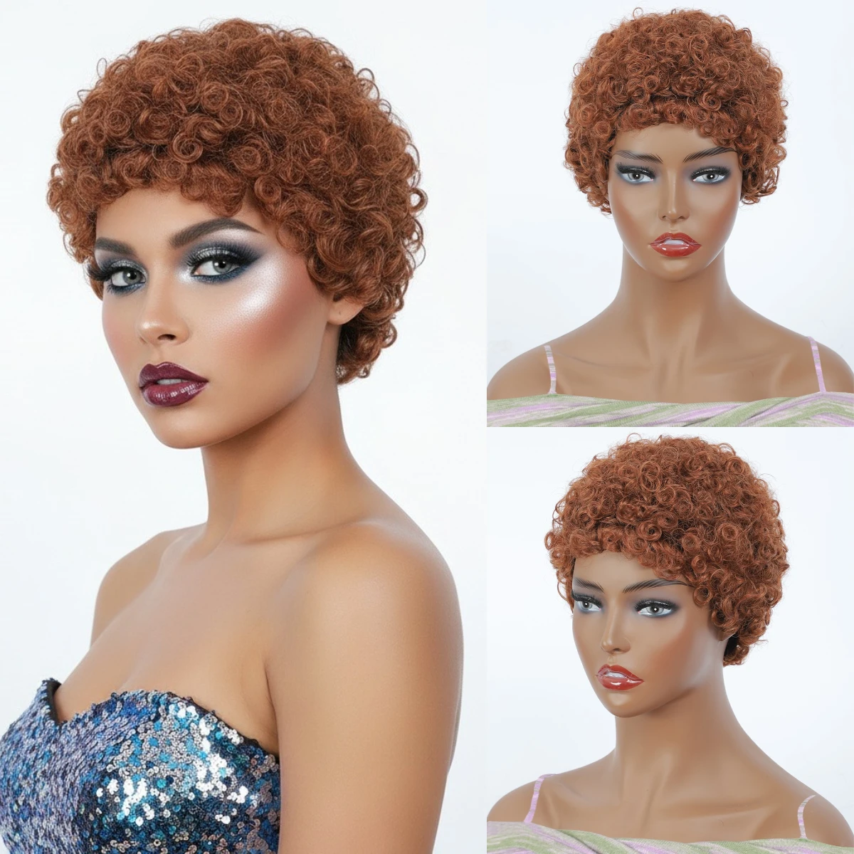 Reddish Brown Short Kinky Curly Wig for Women Afro Mini Curl Synthetic Wig Heat Resistant Hair Wig for 70s 80s Disco Party Cos