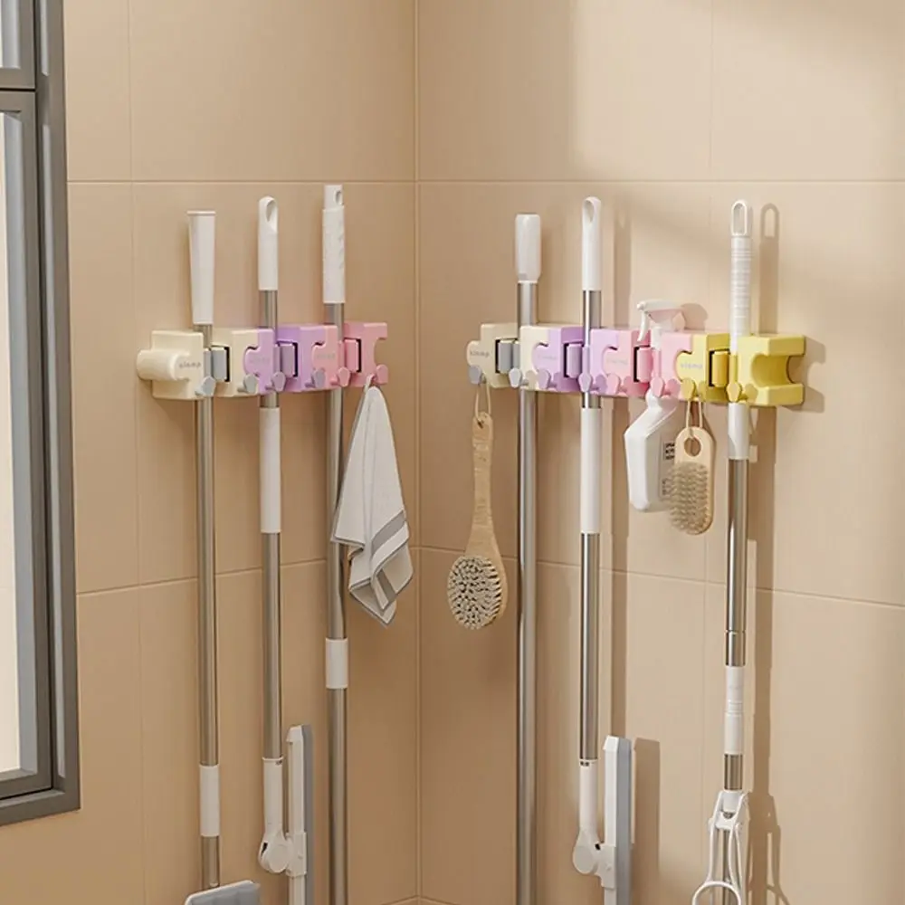Creative Macaron Mop Holder Puzzle Splicing Wall‑Mount Mop Clip with Hooks Self‑Adhesive Broom Storage Clip for Kitchen Bathroom