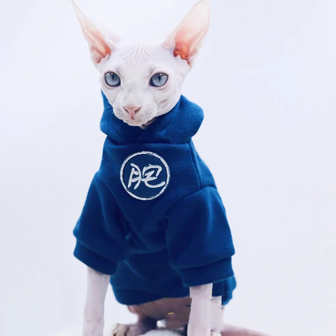 Dark Blue Thick Sweatshirt for Male Cat Winter Warm Hooded Jacket for Sphinx Kittens Spring Autumn Fashion Coat for Small Dogs