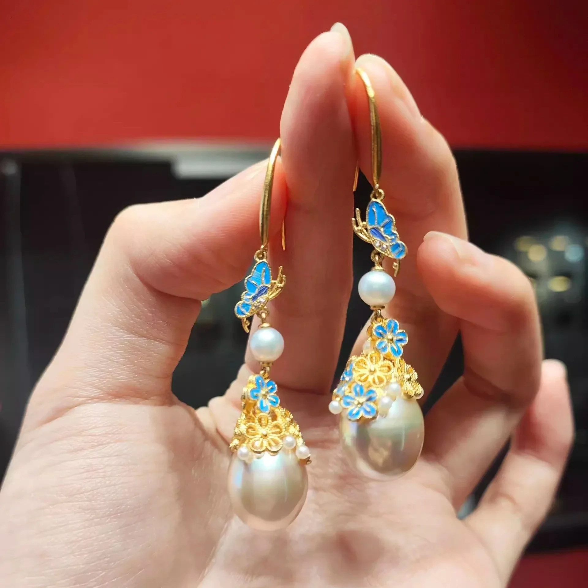 NovaGlod New Chinese style Dot Cui filigree 9999 24K real gold inlaid pearl  for women retro palace style tassel earrings  earri - view 3