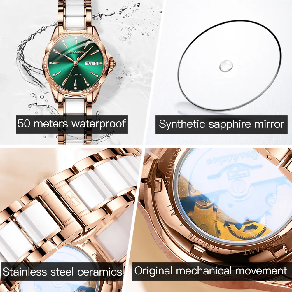 JSDUN Top Brand Luxury 50 meters waterproof Sapphire lens Mechanical Watch for Women Design Diamond Watch simple Gifts for beaut