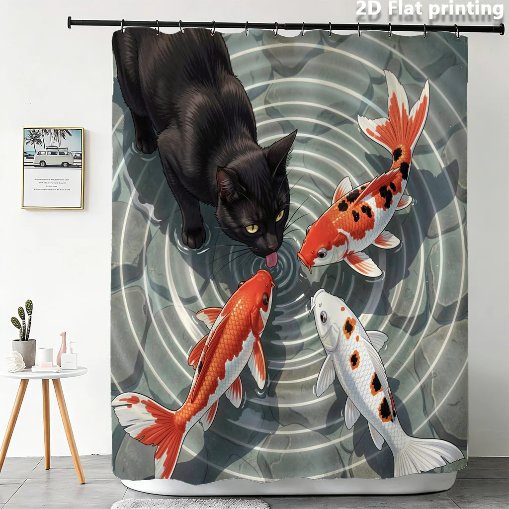Black Cat & Koi Fish Shower Curtain, Japanese Pond Style Waterproof Bath Curtain, Zen Animal Bathroom Decor for Home