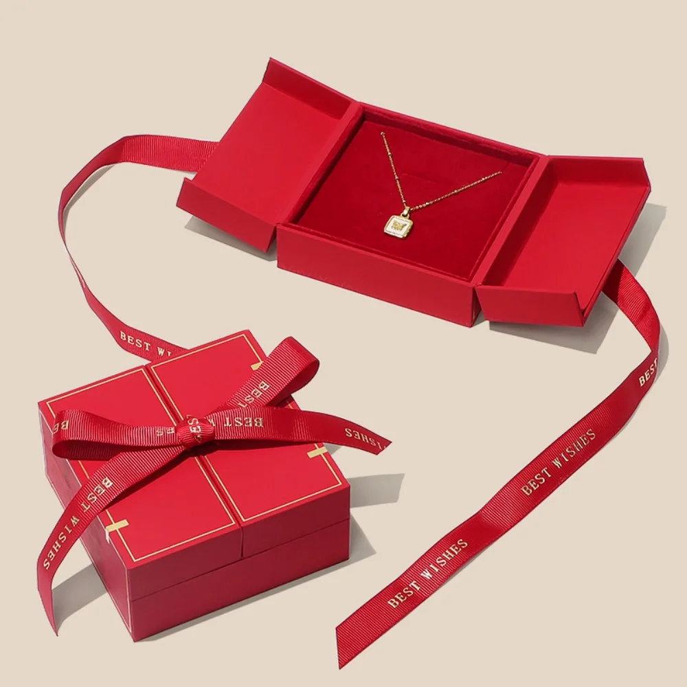 

Red High-end Jewelry Box Ribbon Flip Cover Double Open Gift Box Necklace Ring Organizer Case for Valentine's Day Mother's Day