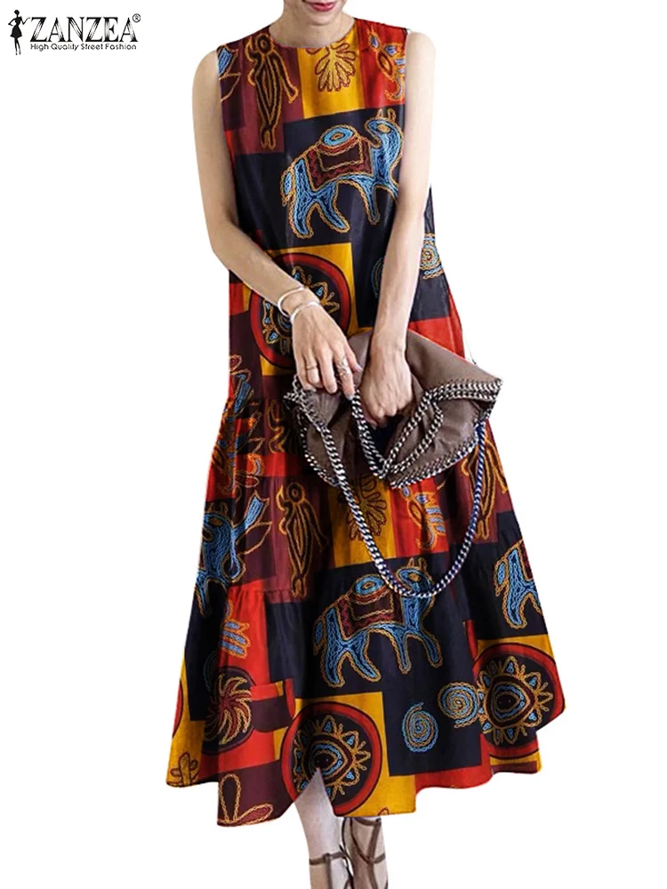 ZANZEA Vintage Printed Dresses Summer Women O Neck Sleeveless Sundress Stylish Work Dress Bohemian Holiday A Line Loose Vestidos