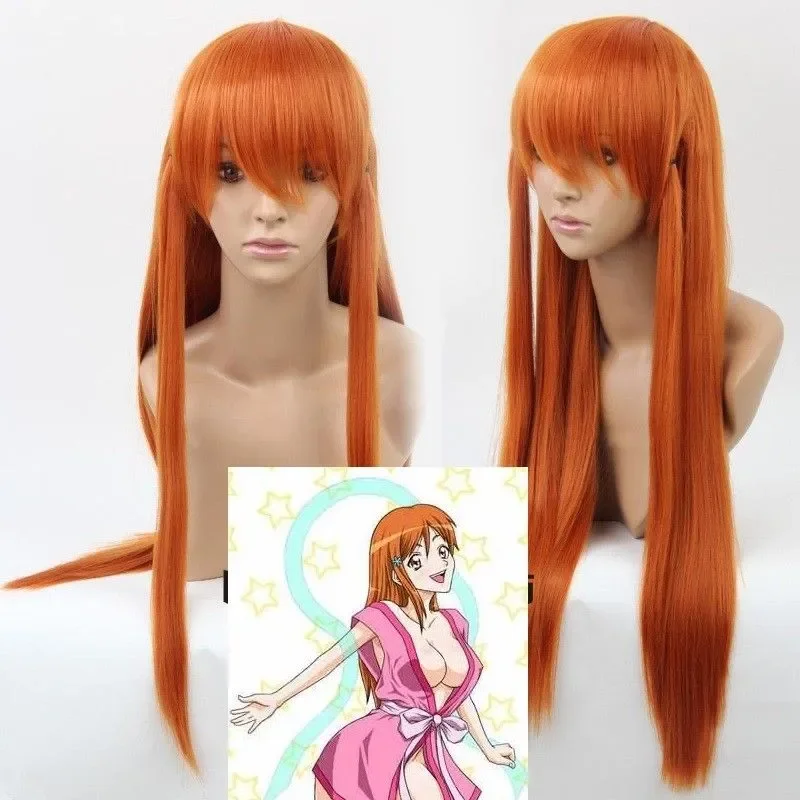 Anime Cosplay Party Hair Wig Bleach Orihime Inoue Long Pumpkin Orange Synthetic Fiber Wigs