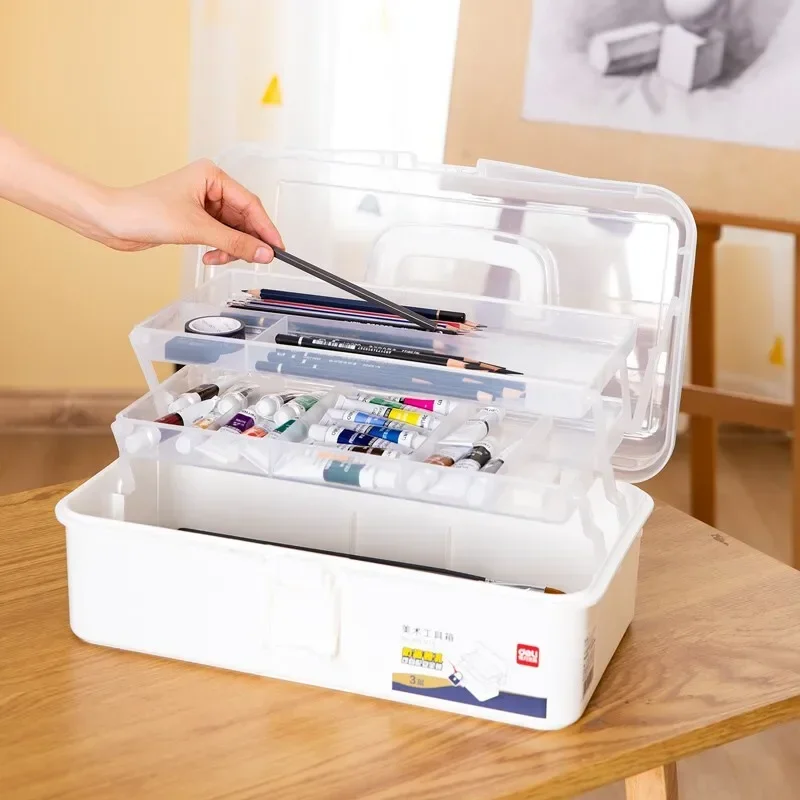 

Трехслойный запираемый ящик для хранения канцелярских принадлежностей большой емкости, портативный ящик для инструментов для художественной живописи