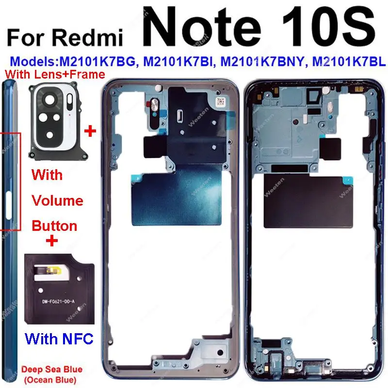 Middle Frame Housing For Xiaomi Redmi Note 10 Note 10S 4G Middle Frame Bezel Holder Cover with Side Buttons Camera Lens NFC Part