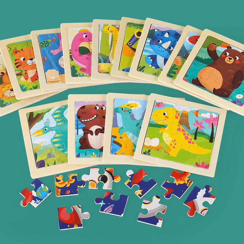 9 Elementów Drewniane Puzzle Kreskówkowe Dinozaury Transport Montessori Puzzle 3D Gra Edukacyjna Wczesna Nauka Zabawki dla Dzieci