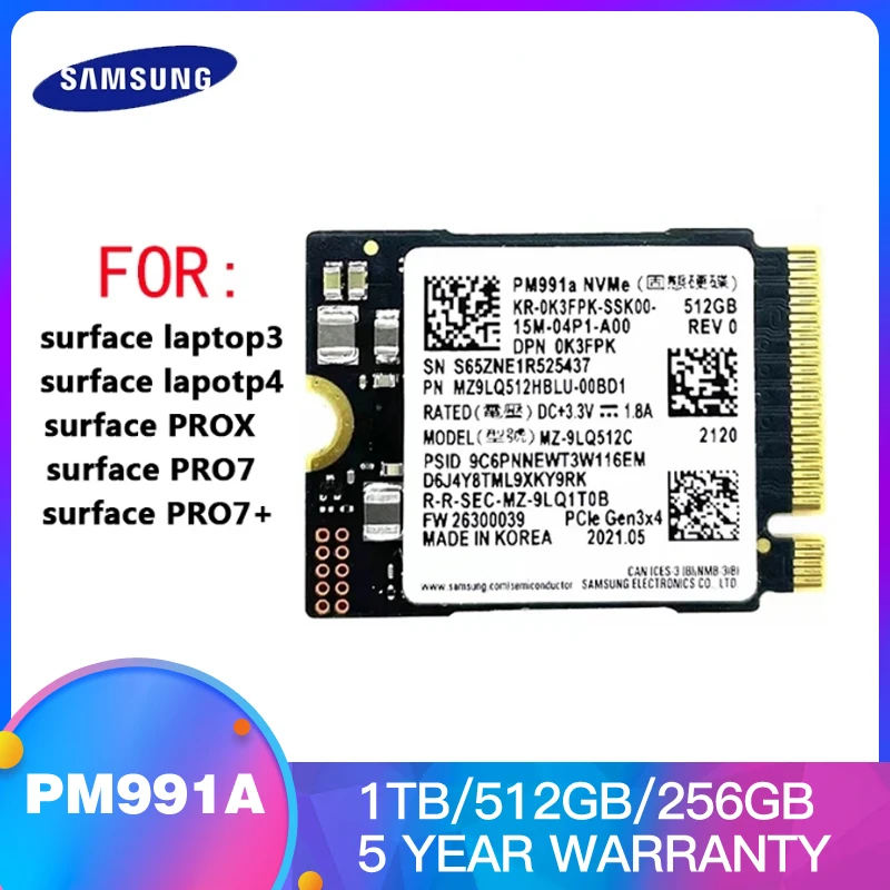 Samsung PM991a 1TB 512GB SSD M.2 2230 Internal Solid State Drive PCIe 3.0x4 NVME SSD For Microsoft Surface Pro 7+ Steam Deck