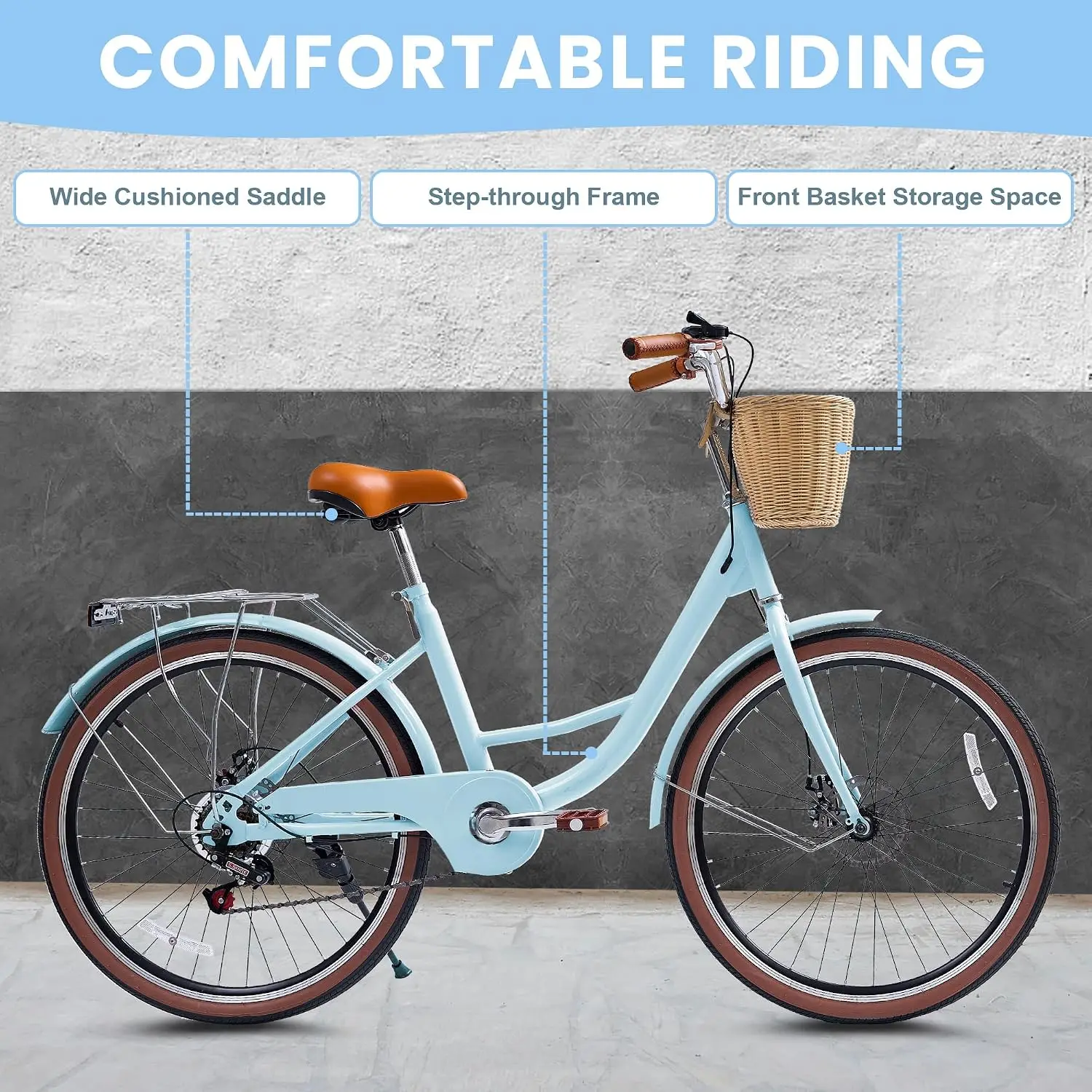Beach Cruiser Bike for Women, 24 26 inch 7 Speed Commute Bike for Adults, Womens Bicycle with Ratten Basket and Adjustable Seat,