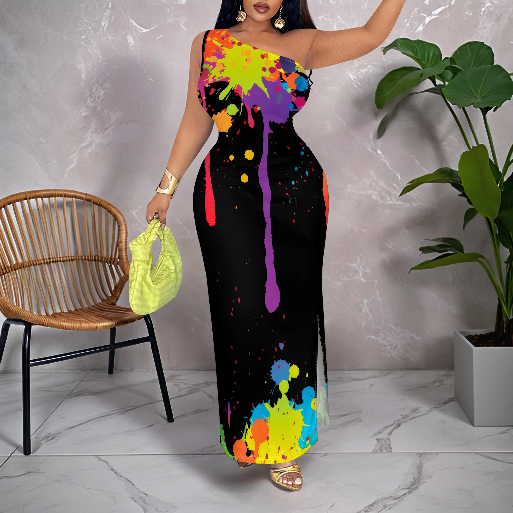Paint Splash, One Shoulder Dress, Sleeveless Bodycon, Maxi Gown, Clubwear, Party Outfit, S-2XL