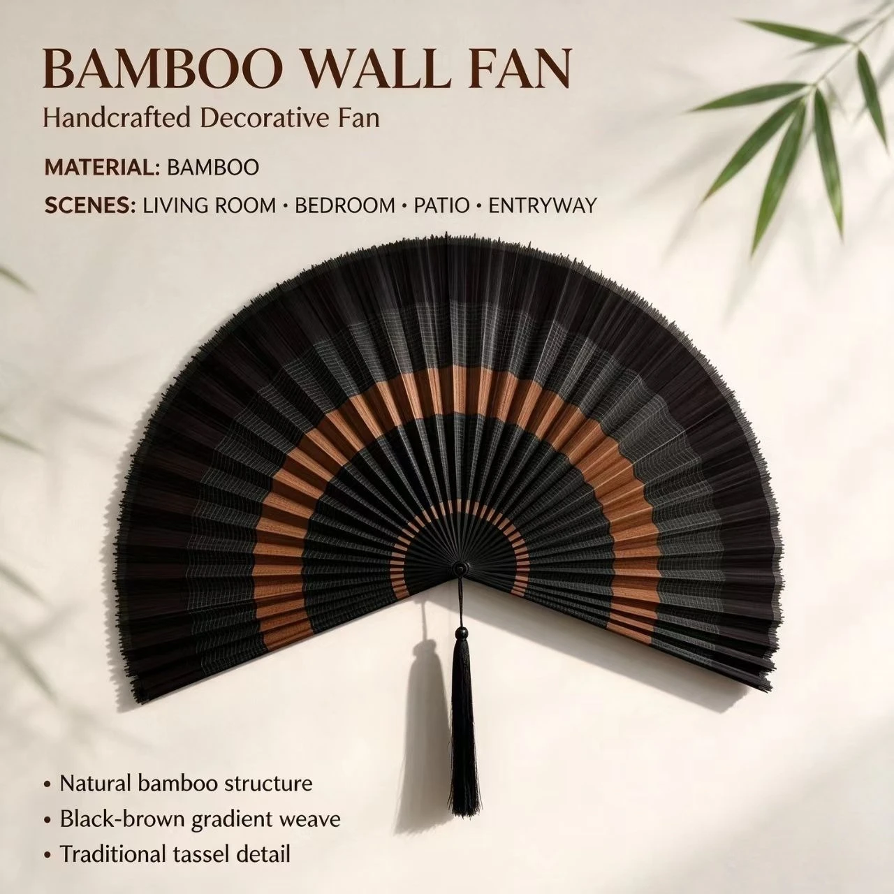 Handmade Bamboo Wall Fan with Tassel Boho Oriental Large Wall Hanging Decor for Living Room Home Decor