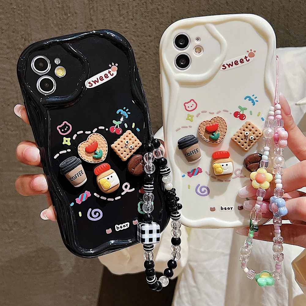 

3D Cartoon Bead Bracelet Chain Phone Case For iPhone 15 Case iPhone 16 14 13 12 11 X XR XS 7 8 Plus SE 2020 Silicone Back Cover