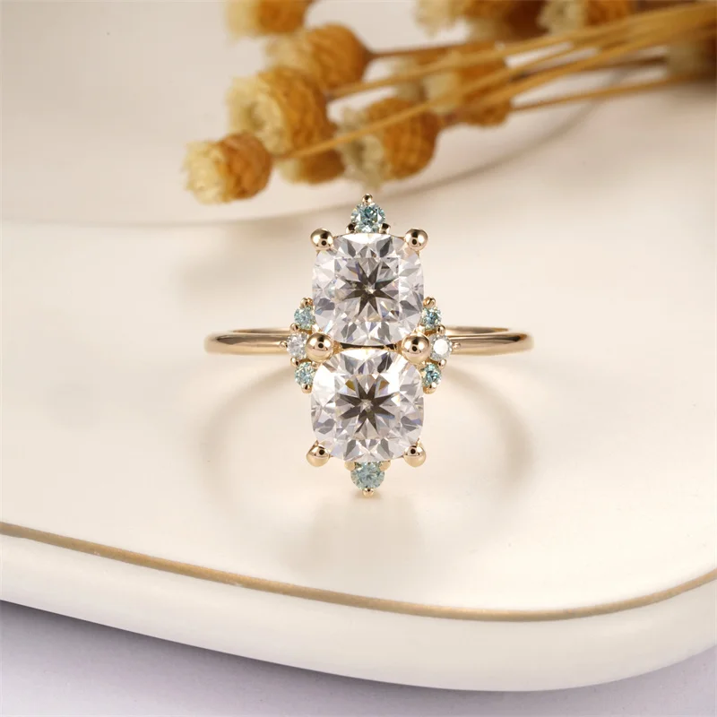 CxsJeremy 14K 585 Yellow Gold 1ct 6mm Cushion Cut Moissanite Double Main Stone Enagement Ring Female Wedding Fashion Jewelry